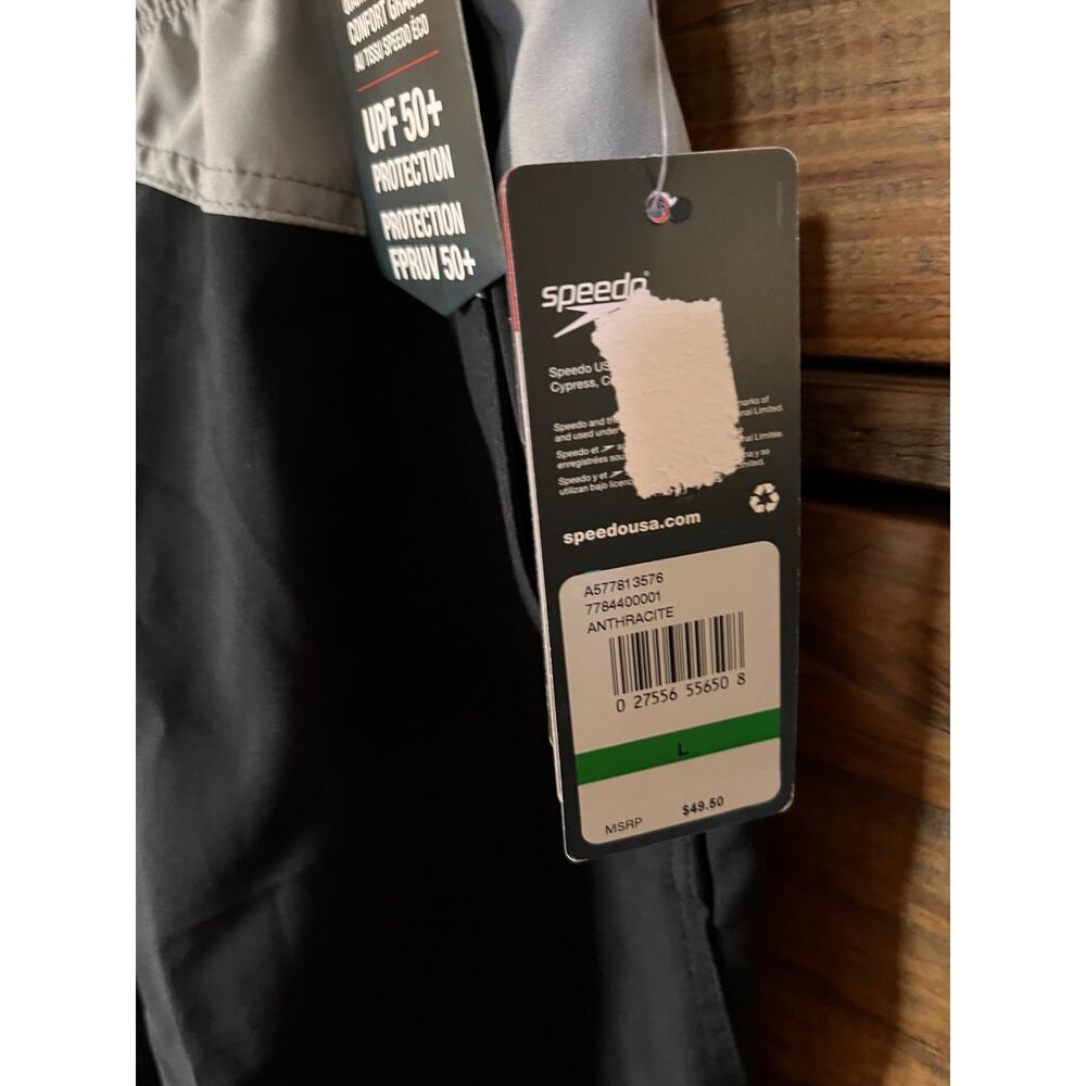 SPEEDO Men's Swim Trunks Black/Gray with 4-Way Comfort Stretch Sz L - Picture 3 of 9